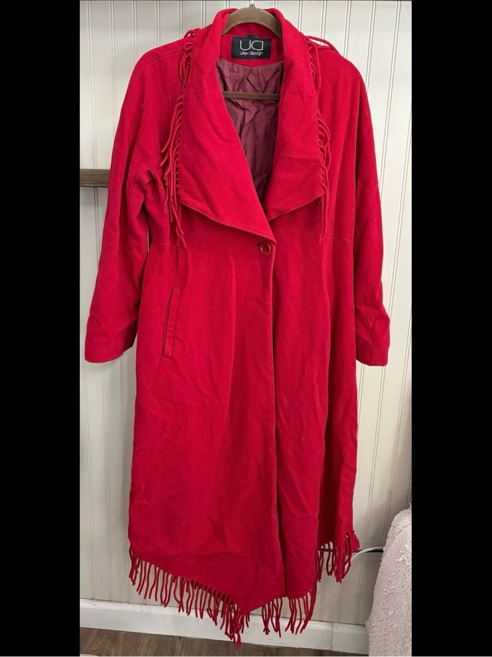 Vintage Utex Design Wool & Cashmere Fringe Cape Coat Womens One Size Red VTG 80s